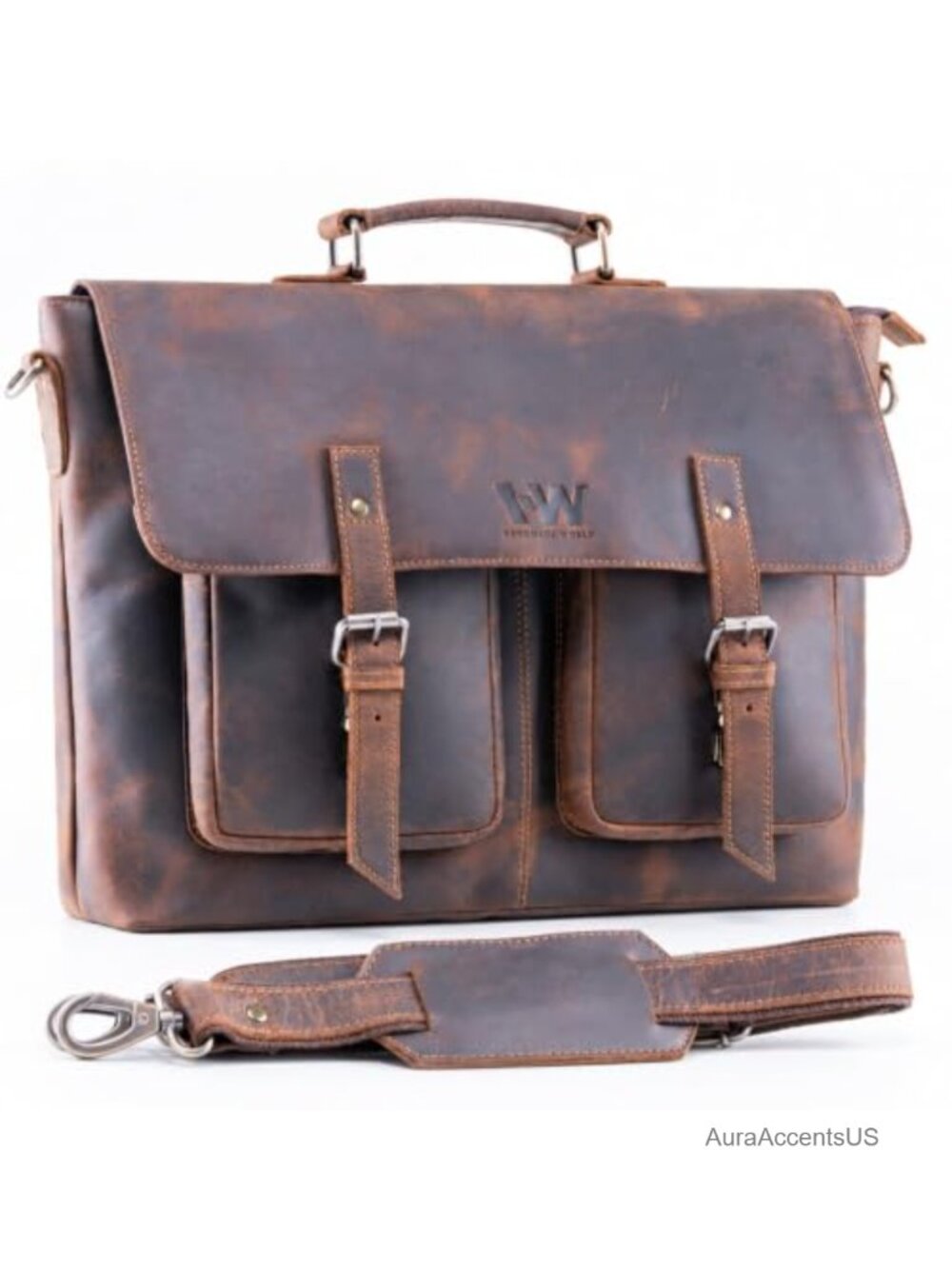 Full Grain Leather Messenger Laptop Bag Fits 17 Inch Computer Briefcase